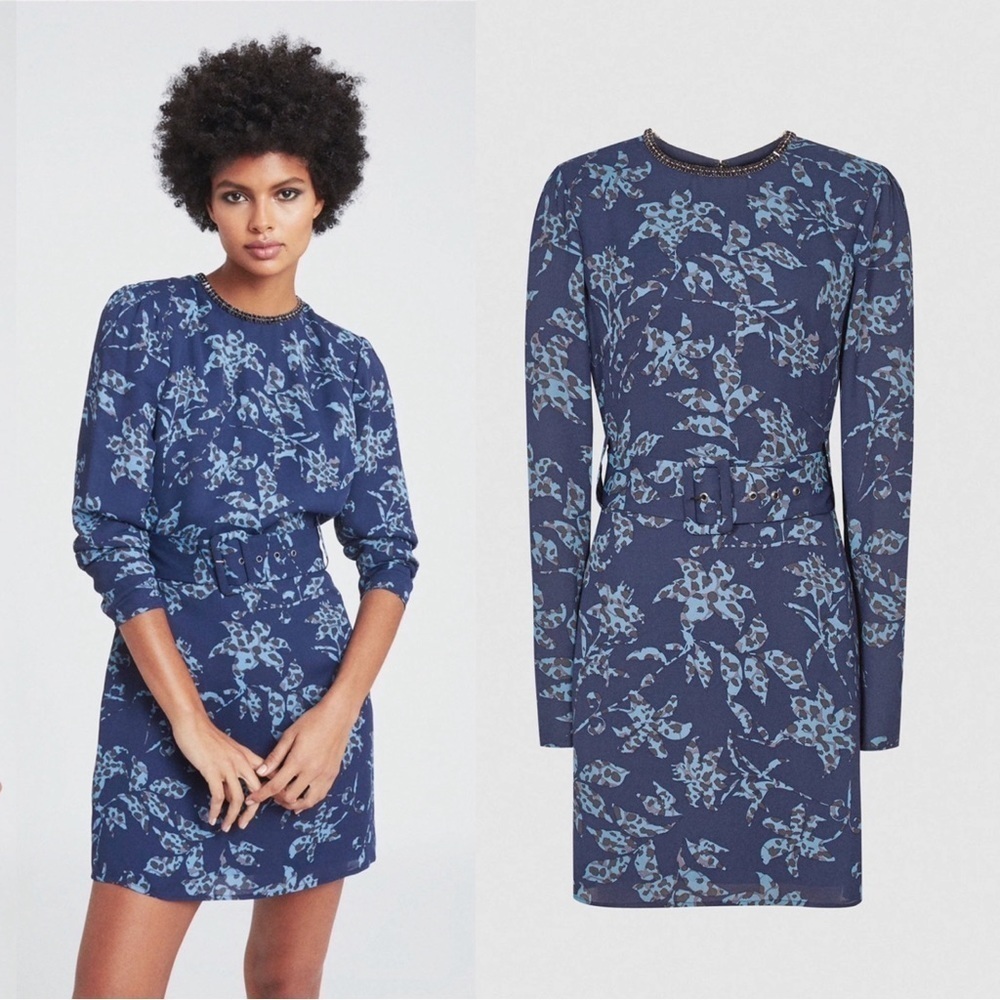 REISS • Melody Printed Dress With Embellished Detail blue floral beaded mini - Picture 5 of 15